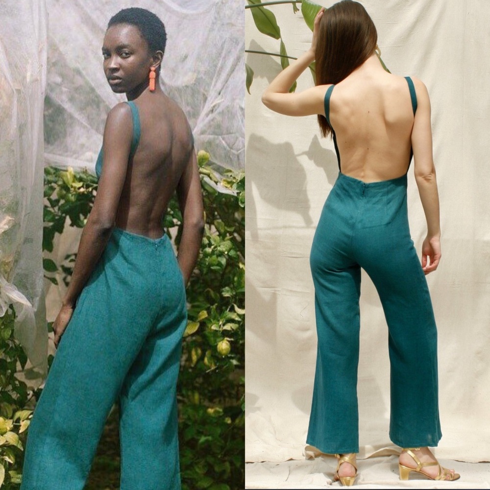 Paloma Wool Simba Jumpsuit Teal Blue Green Linen Open Back 34
